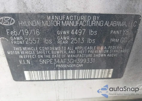 2016 Hyundai Sonata Sport z USA, uszkodzony, nr VIN 5NPE34AF3GH399331